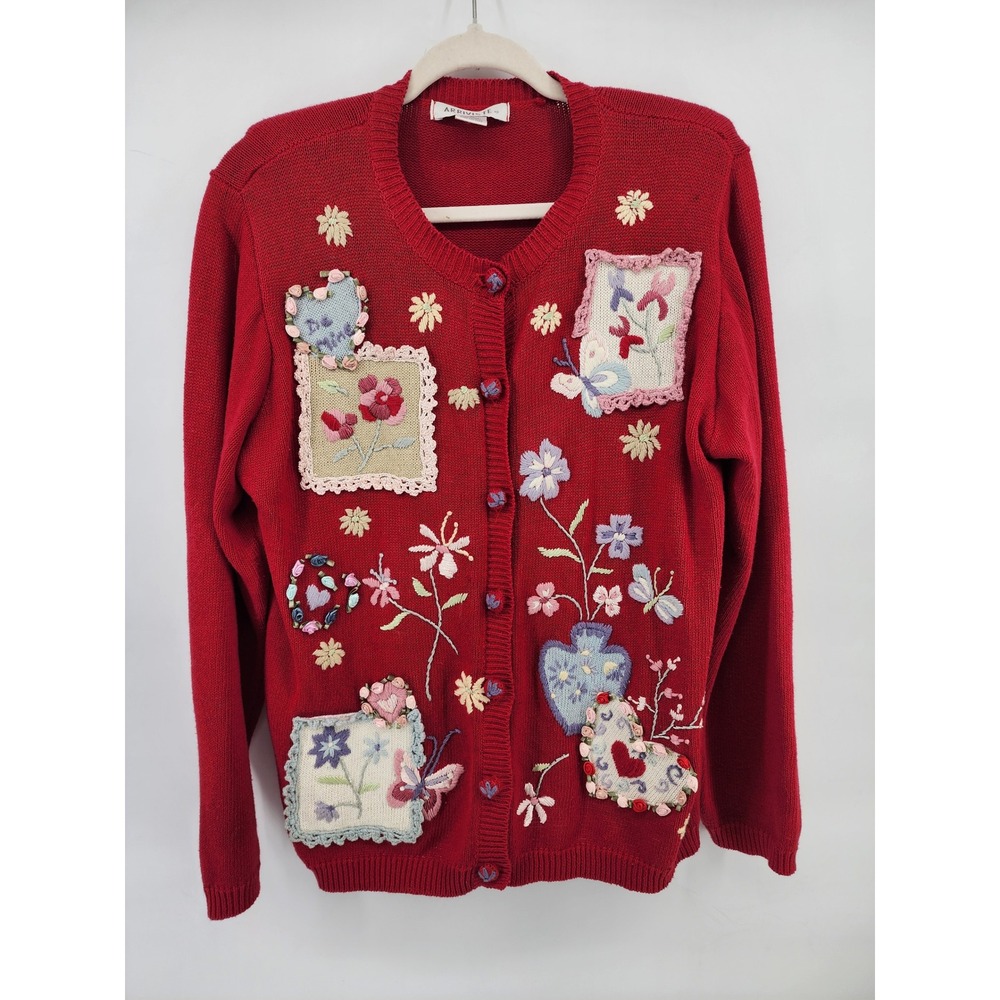 Arriviste Red Embroidered Floral Butterfly Patchwork Button Front Cardigan M